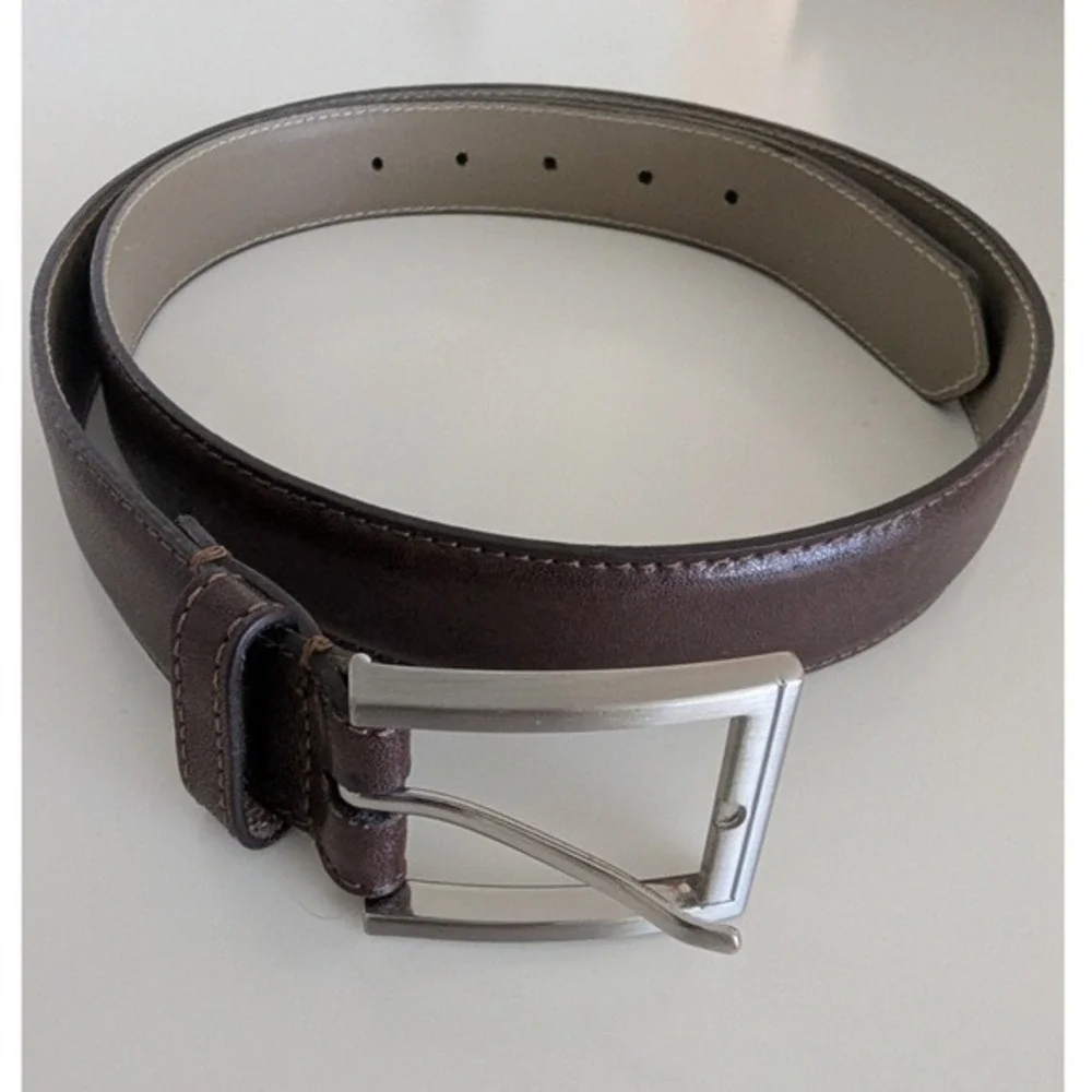 Men's Brown Italian Leather Belt with Silver Buckle Size 36 Dress Casual‎